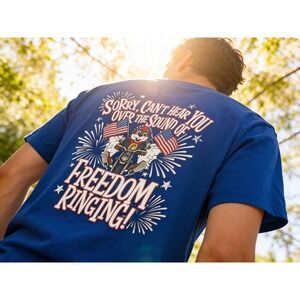 Buc-ees Mens XL Freedom Ringing Patriotic Graphic T-Shirt Blue Uncle Sam Beaver